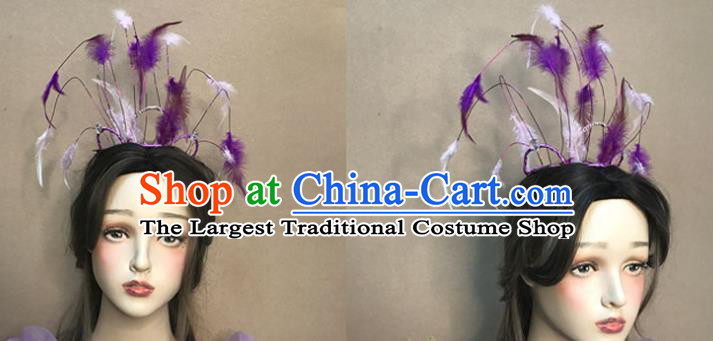 Top Stage Show Headdress Catwalks Hair Accessories Cosplay Fairy Hair Clasp Baroque Bride Purple Feather Hair Crown