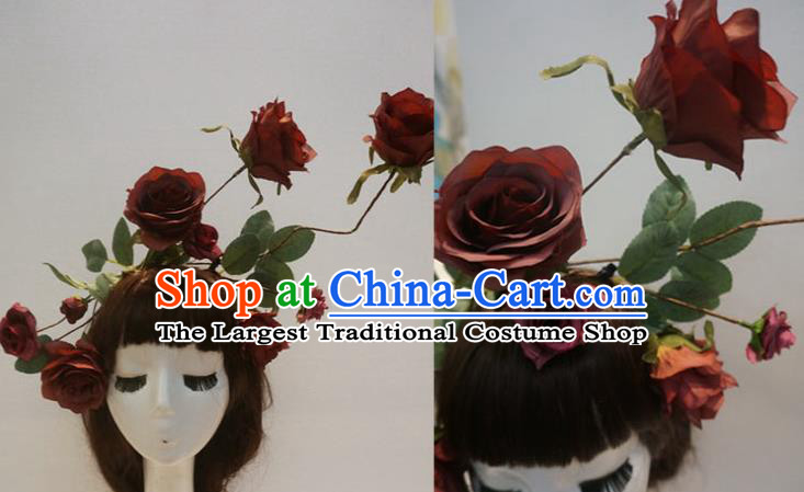Top Catwalks Dark Red Rose Hair Clasp Cosplay Angel Hair Accessories Gothic Bride Hair Crown Stage Show Giant Headdress