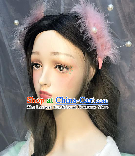 Top Baroque Bride Pearls Hair Claws Stage Show Pink Feather Hair Stick Catwalks Ballet Dance Performance Hair Accessories