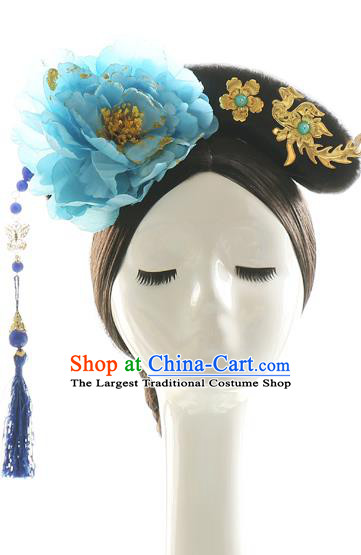 Chinese Drama Jade Palace Lock Heart Blue Peony Hair Accessories Qing Dynasty Court Maid Wigs Sheath Ancient Manchu Lady Hair Chignon