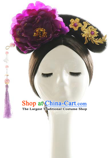 Chinese Ancient Manchu Princess Hair Chignon Drama Jade Palace Lock Heart Purple Peony Hair Accessories Qing Dynasty Imperial Concubine Wigs Sheath