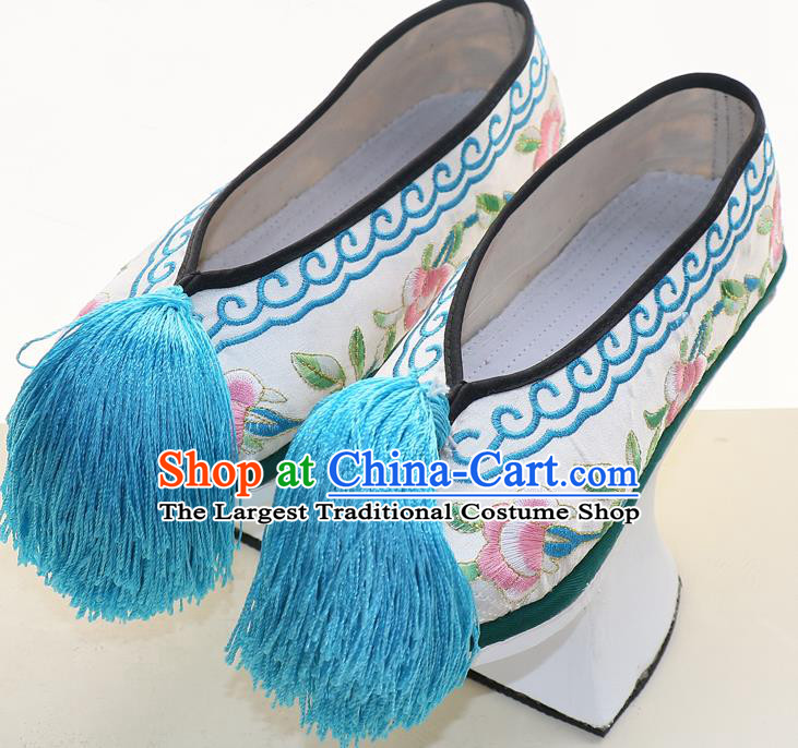Chinese Qing Dynasty Princess Saucers Shoes Ancient Palace Lady Embroidered White Satin Shoes