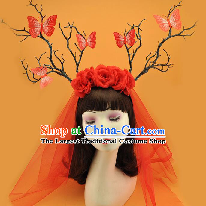 Top Halloween Fancy Ball Hair Clasp Gothic Bride Giant Headdress Cosplay Hair Accessories Christmas Princess Red Rose Hair Crown