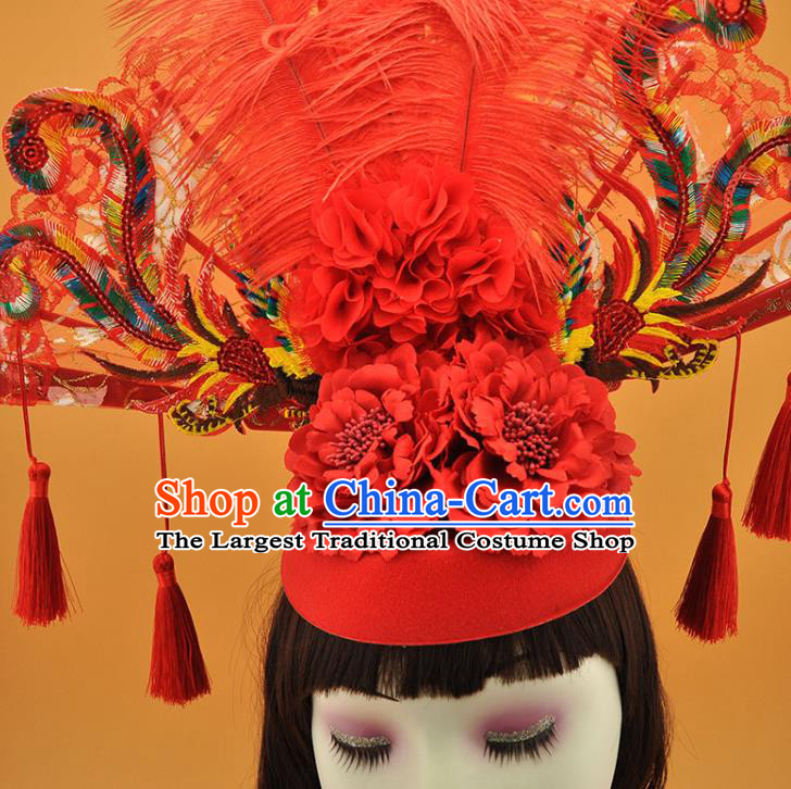 Chinese Catwalks Headdress Stage Show Sequins Phoenix Fan Hair Crown Court Red Feather Hat