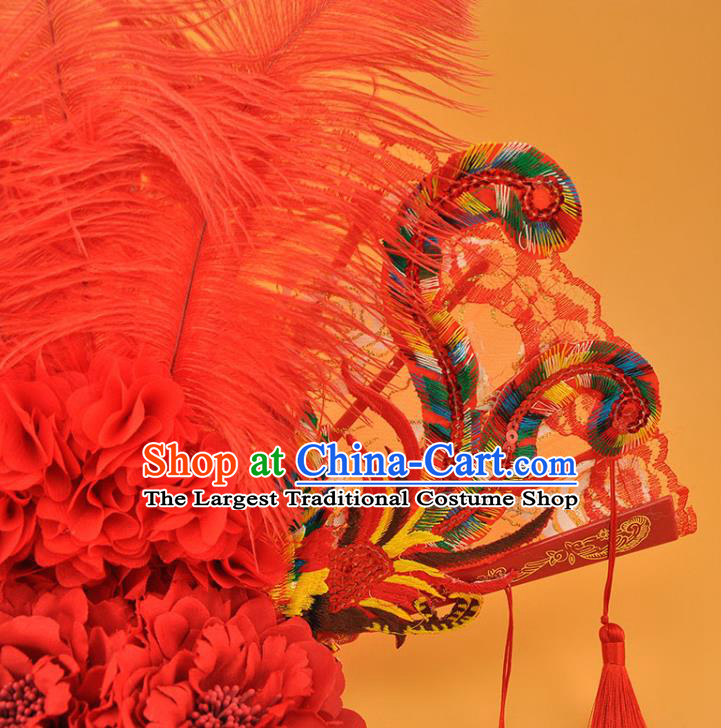 Chinese Catwalks Headdress Stage Show Sequins Phoenix Fan Hair Crown Court Red Feather Hat