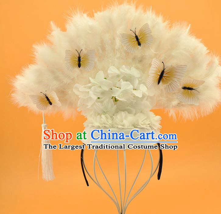 Chinese Court White Feather Fan Top Hat Catwalks Deluxe Headdress Stage Show Butterfly Tassel Hair Crown