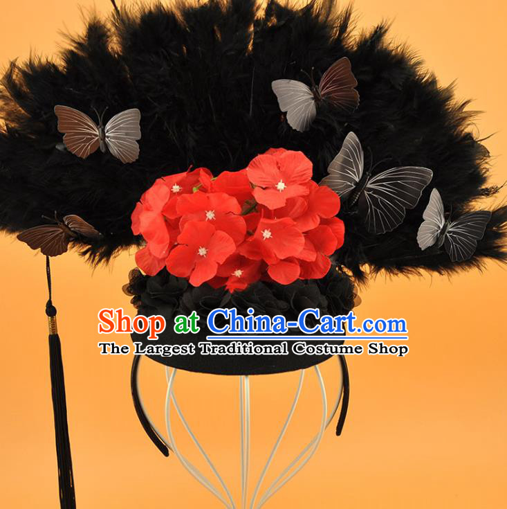 Chinese Stage Show Butterfly Tassel Hair Crown Cosplay Court Black Feather Fan Top Hat Catwalks Deluxe Headdress