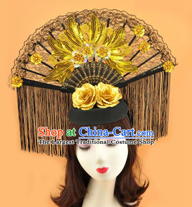 Chinese Stage Show Golden Sequins Hair Crown Cosplay Court Black Lace Fan Top Hat Catwalks Deluxe Tassel Headdress
