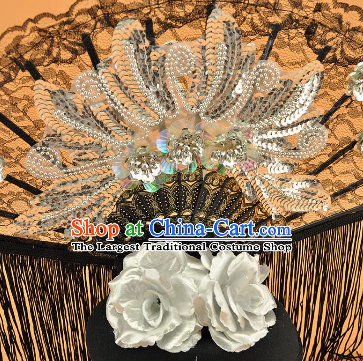 Chinese Catwalks Deluxe Tassel Headdress Stage Show Argent Sequins Hair Crown Cosplay Court Black Lace Fan Top Hat