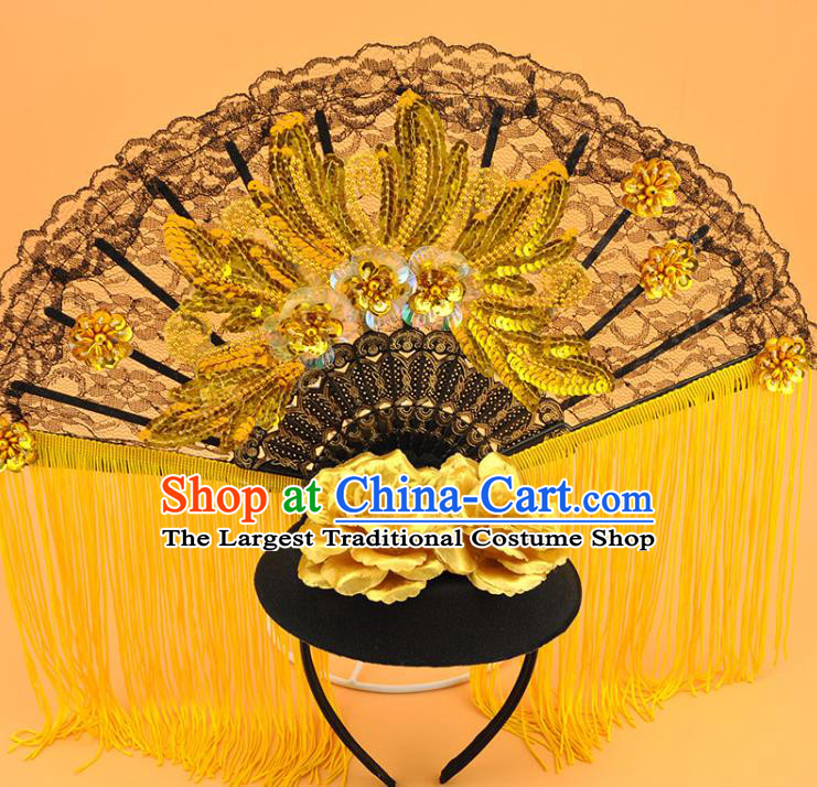 Chinese Cosplay Court Black Lace Fan Top Hat Catwalks Deluxe Yellow Tassel Headdress Stage Show Sequins Hair Crown