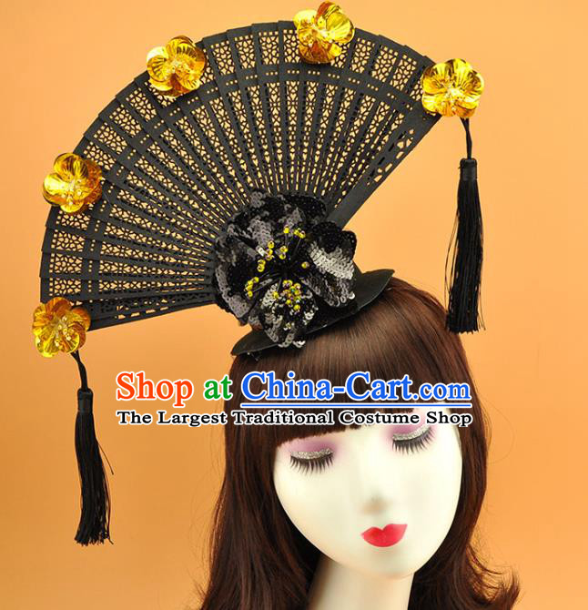 Chinese Stage Show Black Fan Tassel Hair Crown Court Tassel Top Hat Catwalks Deluxe Headdress