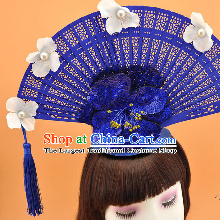 Chinese Catwalks Deluxe Headdress Stage Show Royalblue Fan Tassel Hair Crown Court Tassel Top Hat