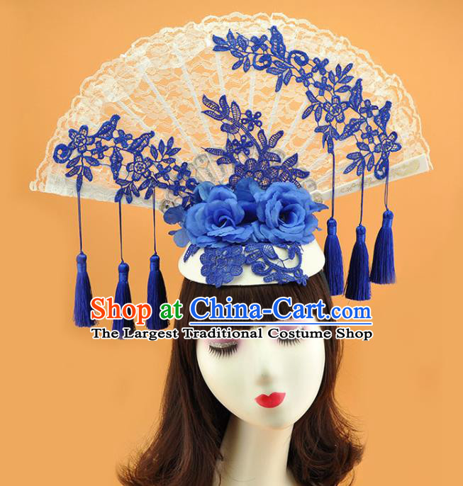 Chinese Court Blue and White Porcelain Top Hat Catwalks Deluxe Blue Tassel Headdress Stage Show Lace Fan Hair Crown
