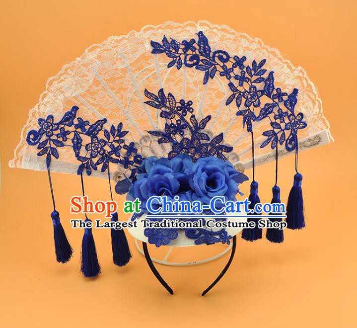 Chinese Court Blue and White Porcelain Top Hat Catwalks Deluxe Blue Tassel Headdress Stage Show Lace Fan Hair Crown
