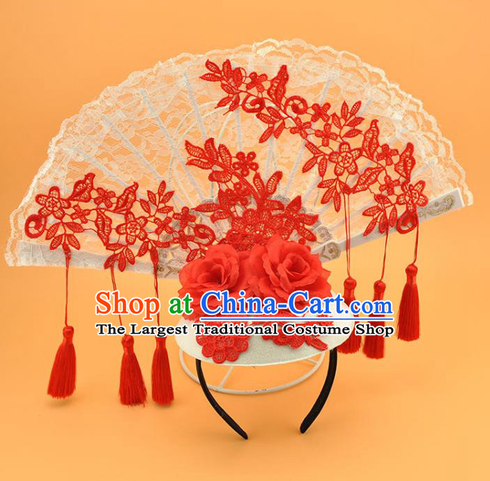 Chinese Stage Show Lace Fan Hair Crown Court Blue and White Porcelain Top Hat Catwalks Deluxe Red Tassel Headdress