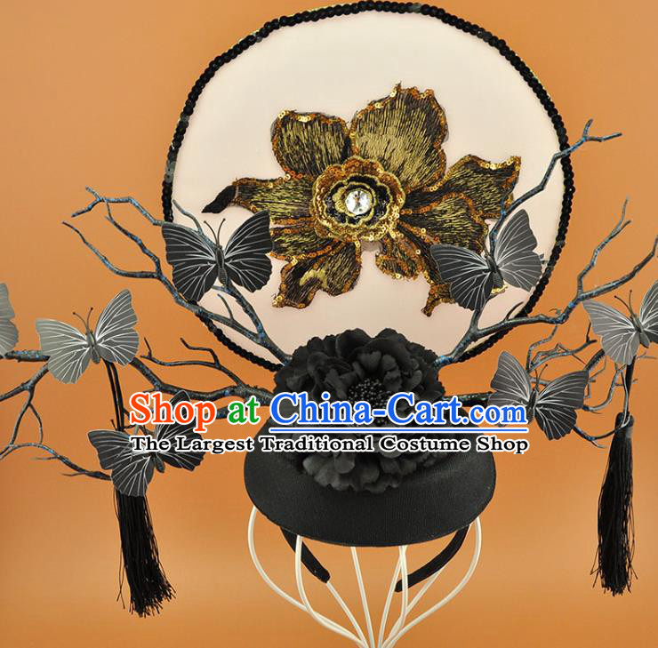 Chinese Court Black Butterfly Branch Top Hat Catwalks Deluxe Tassel Headdress Stage Show Golden Sequins Peony Hair Crown