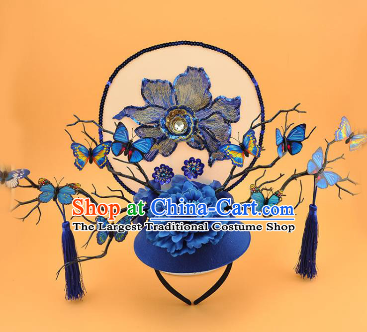 Chinese Catwalks Deluxe Tassel Headdress Stage Show Royalblue Sequins Peony Hair Crown Court Butterfly Branch Top Hat