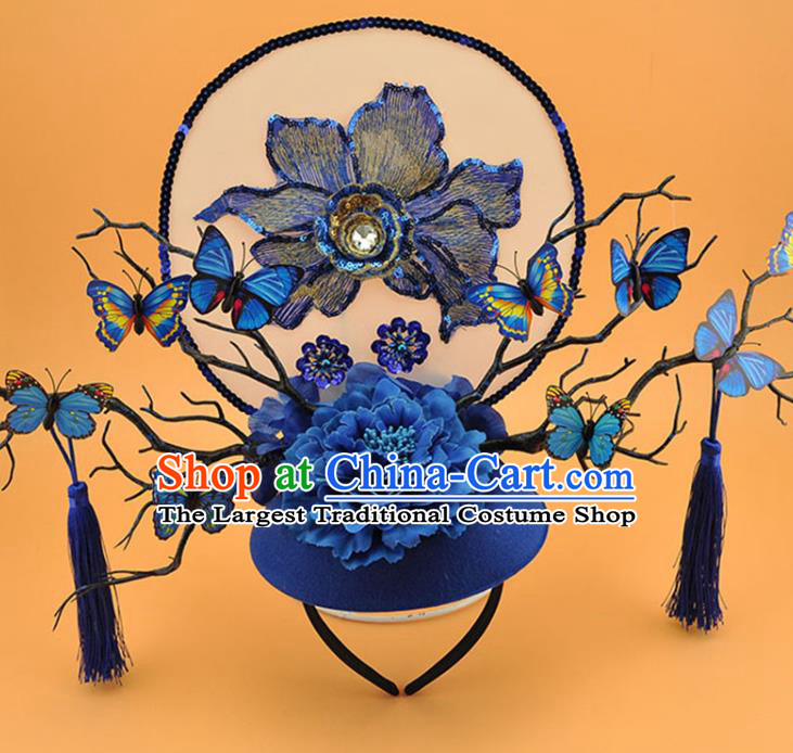 Chinese Catwalks Deluxe Tassel Headdress Stage Show Royalblue Sequins Peony Hair Crown Court Butterfly Branch Top Hat