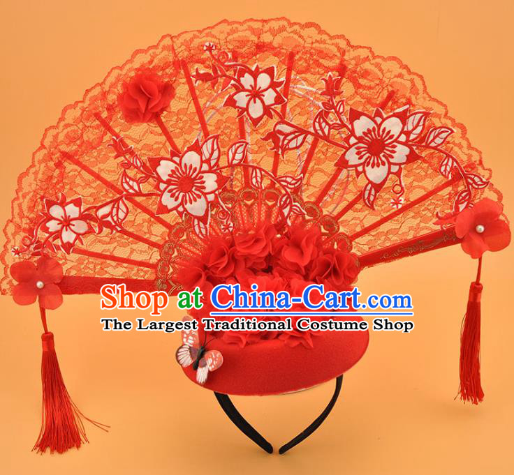 Chinese Stage Show Red Lace Fan Hair Crown Court New Year Top Hat Catwalks Deluxe Tassel Headwear