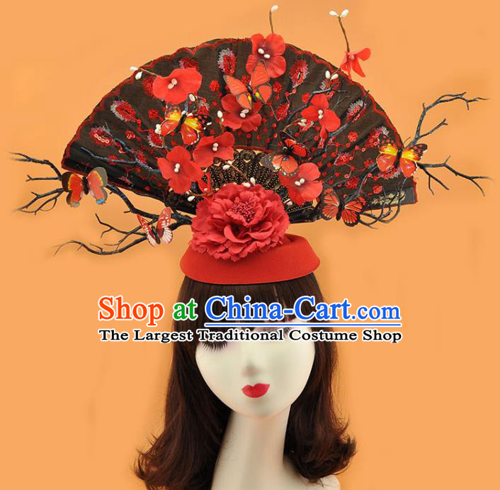 Chinese Catwalks Deluxe Black Fan Headpiece Stage Show Hair Crown Traditional Court Red Flowers Top Hat