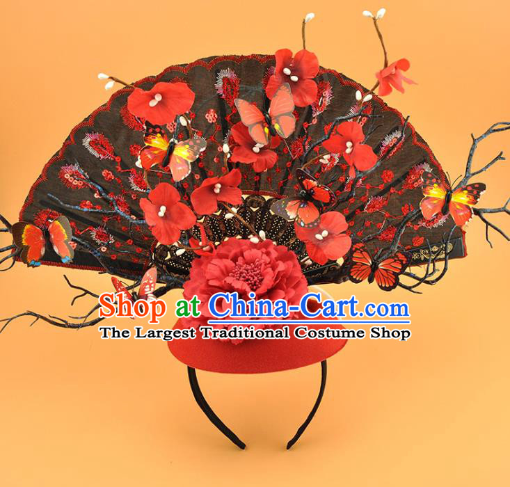 Chinese Catwalks Deluxe Black Fan Headpiece Stage Show Hair Crown Traditional Court Red Flowers Top Hat