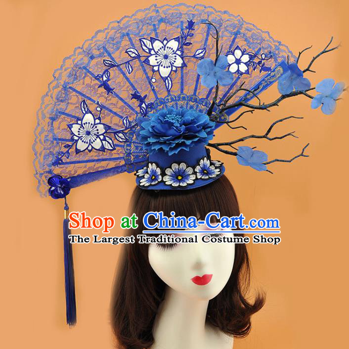 Chinese Catwalks Deluxe Tassel Headwear Stage Show Blue Lace Fan Hair Crown Court New Year Top Hat