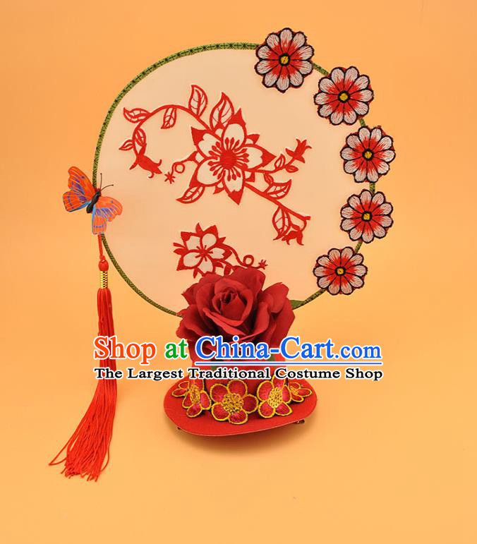 Chinese Traditional Court Red Rose Top Hat Catwalks Deluxe Headpiece Stage Show Tassel Hair Crown
