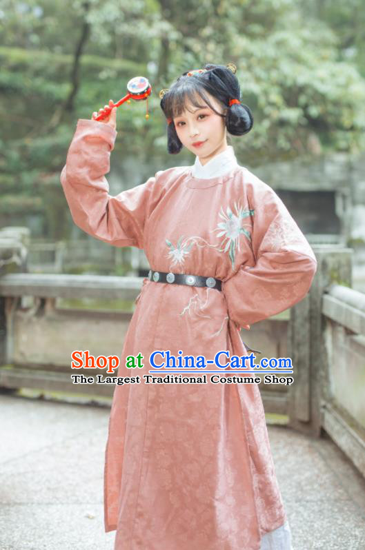 China Tang Dynasty Young Beauty Historical Clothing Ancient Village Lady Dress Traditional Hanfu Pink Robe Garment