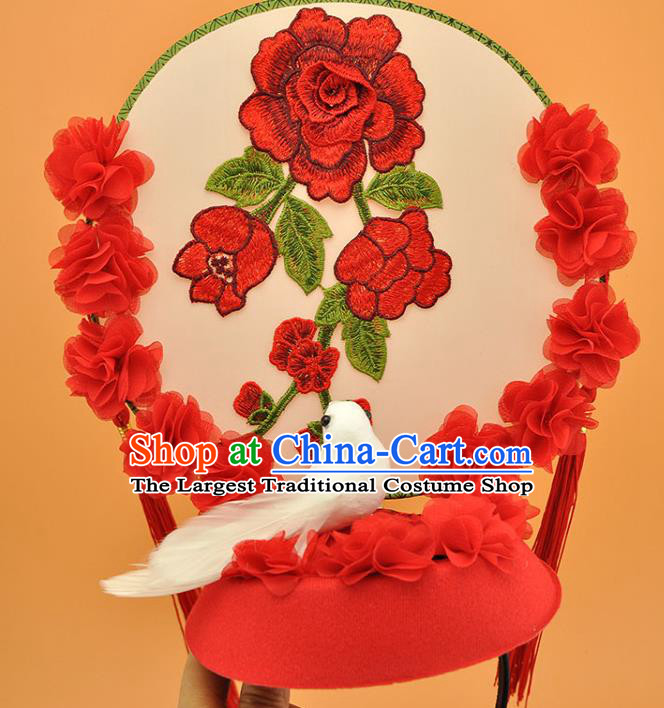 Chinese Stage Show Pigeon Hair Crown Court Embroidered Red Flowers Top Hat New Year Catwalks Deluxe Headwear