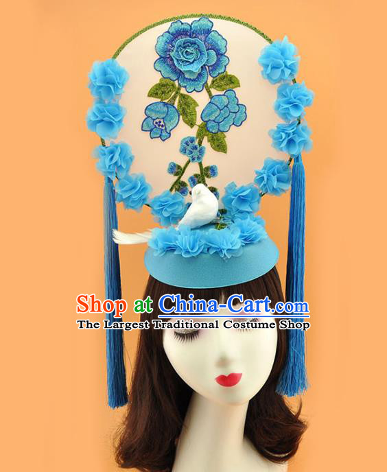 Chinese New Year Catwalks Deluxe Headwear Stage Show Pigeon Hair Crown Court Embroidered Blue Flowers Top Hat
