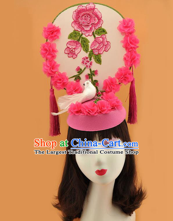 Chinese Stage Show Pink Hair Crown Court Embroidered Flowers Top Hat New Year Catwalks Deluxe Headpiece