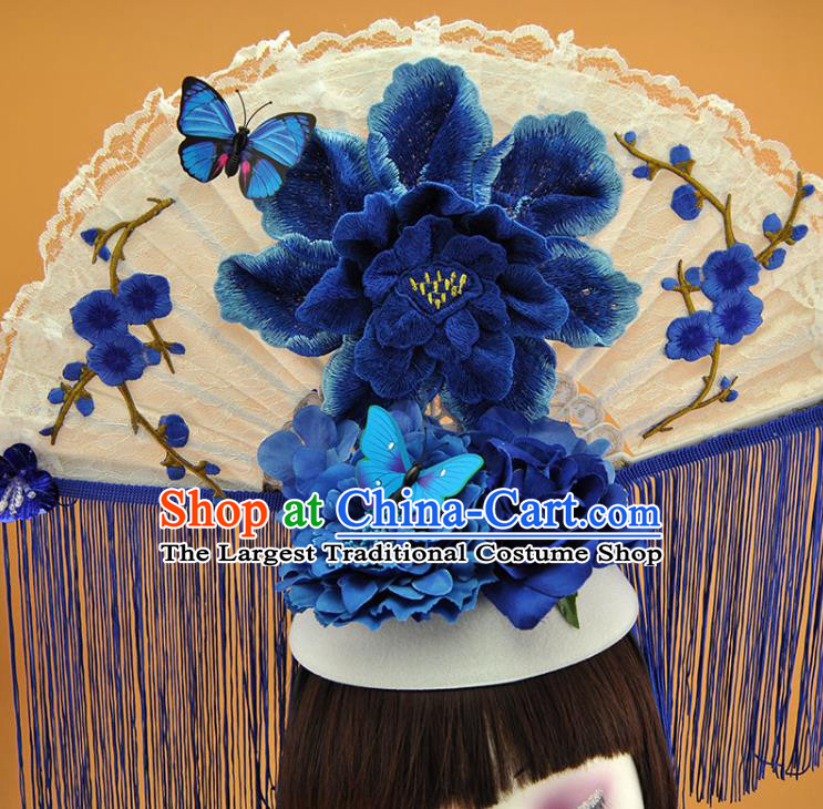 Chinese Stage Show Blue Tassel Hair Crown Traditional Court Embroidered Peony Top Hat Catwalks Deluxe Headpiece