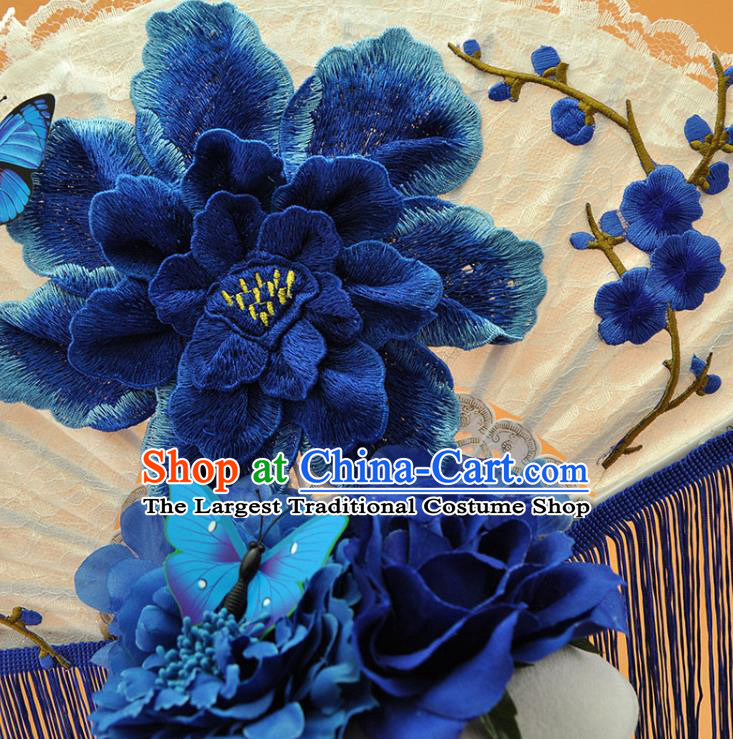 Chinese Stage Show Blue Tassel Hair Crown Traditional Court Embroidered Peony Top Hat Catwalks Deluxe Headpiece