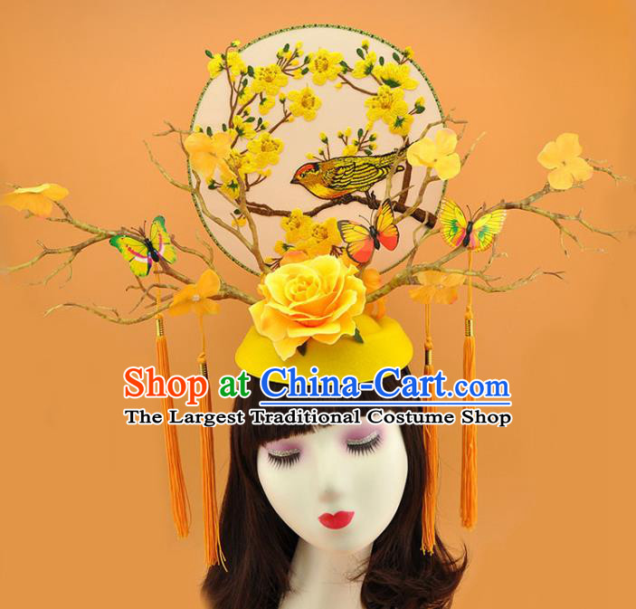 Chinese Qipao Catwalks Deluxe Yellow Rose Headpiece Stage Show  Hair Crown Traditional Court Branch Top Hat