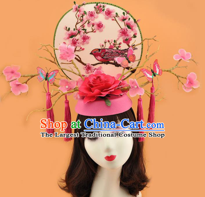 Chinese Handmade Qipao Catwalks Deluxe Pink Rose Headpiece Stage Show Embroidered Hair Crown Traditional Court Branch Top Hat