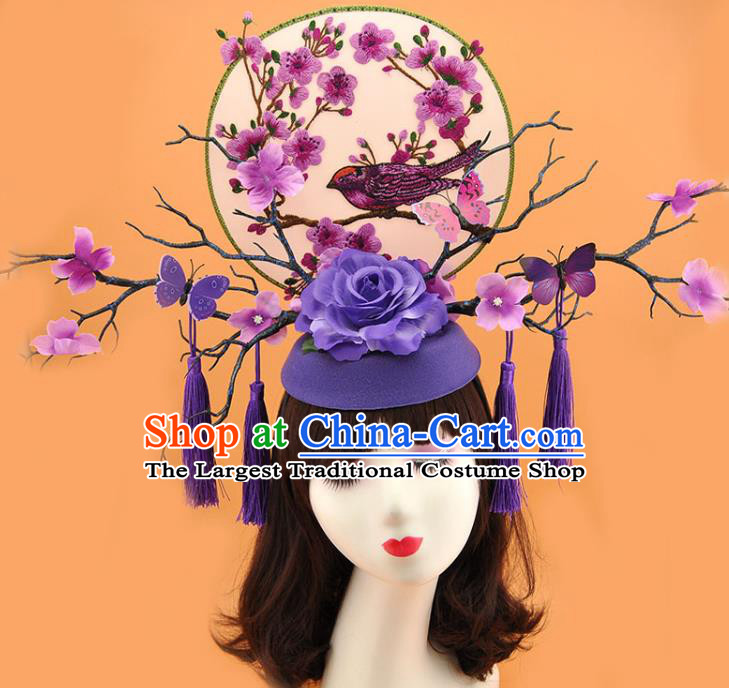 Chinese Traditional Court Purple Butterfly Branch Top Hat Handmade Qipao Catwalks Deluxe Rose Headpiece Stage Show Embroidered Hair Crown