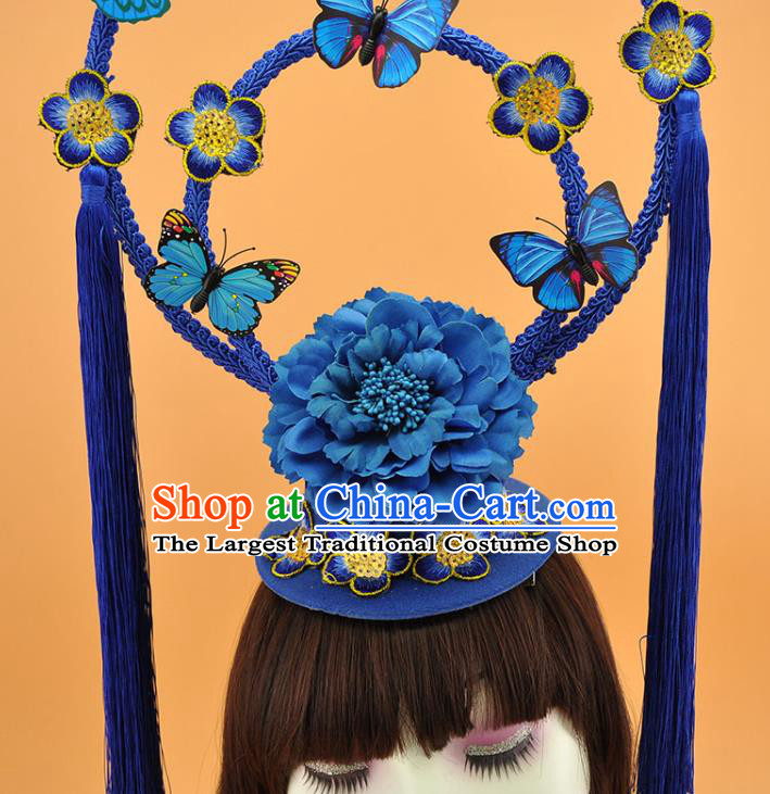 Chinese Traditional Court Blue Butterfly Top Hat Catwalks Deluxe Headpiece Stage Show Tassel Hair Crown