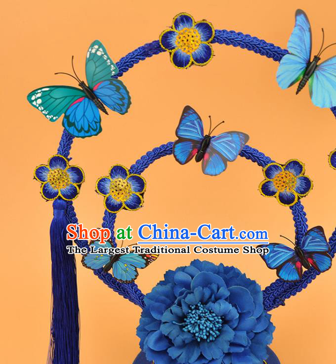 Chinese Traditional Court Blue Butterfly Top Hat Catwalks Deluxe Headpiece Stage Show Tassel Hair Crown