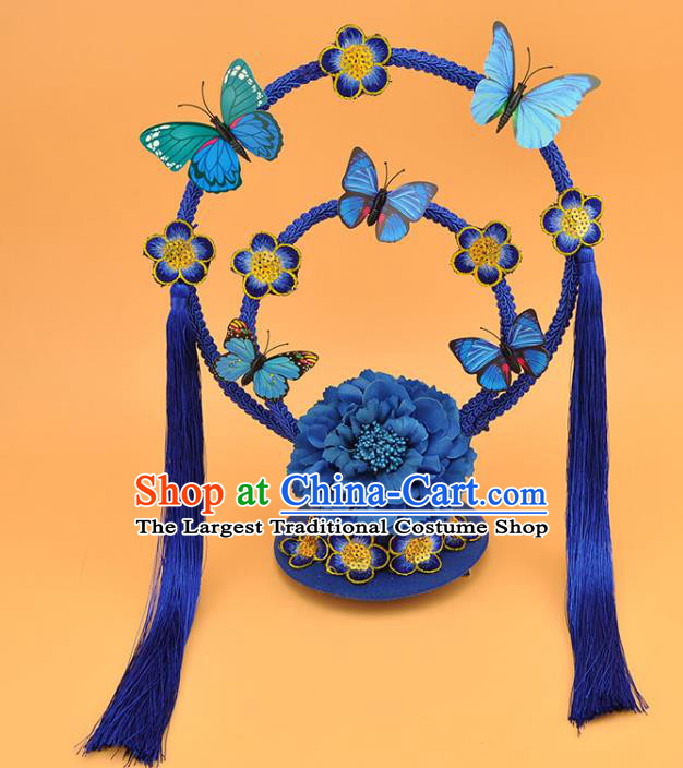 Chinese Traditional Court Blue Butterfly Top Hat Catwalks Deluxe Headpiece Stage Show Tassel Hair Crown