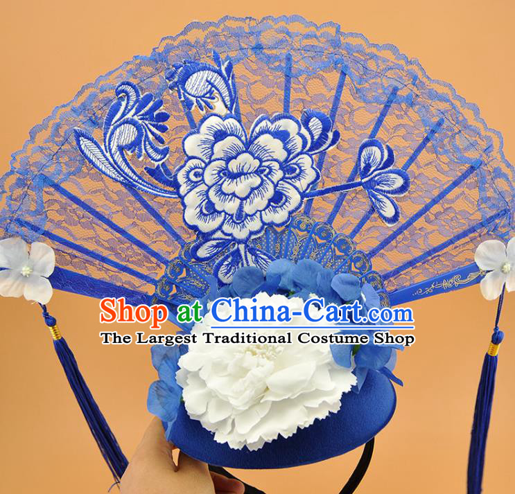 Chinese Traditional Court Blue Lace Fan Top Hat Handmade Qipao Catwalks Deluxe Headpiece Stage Show Embroidered Peony Hair Crown