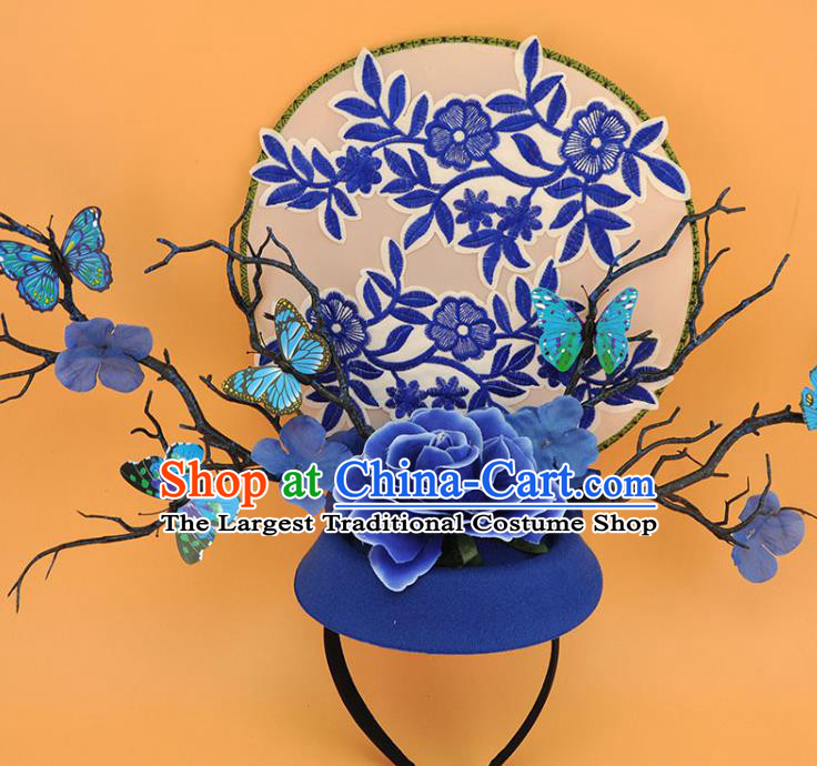 Chinese Handmade Qipao Catwalks Deluxe Headpiece Stage Show Embroidered Hair Crown Traditional Court Branch Fan Top Hat