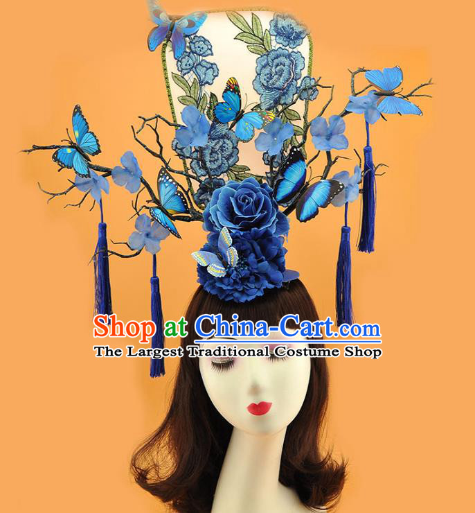 Chinese Traditional Court Blue Butterfly Fan Top Hat Handmade Qipao Catwalks Deluxe Headpiece Stage Show Embroidered Peony Hair Crown