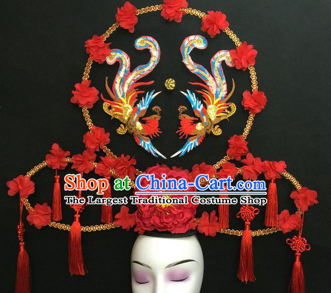 Chinese Qipao Stage Show Embroidered Phoenix Hair Crown Traditional Court Red Peony Fan Top Hat Handmade Catwalks Deluxe Headpiece