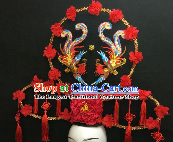 Chinese Qipao Stage Show Embroidered Phoenix Hair Crown Traditional Court Red Peony Fan Top Hat Handmade Catwalks Deluxe Headpiece