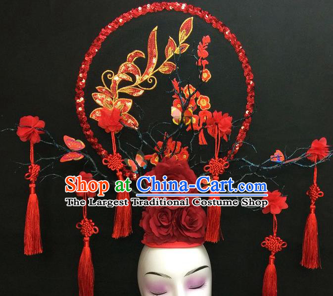 Chinese Handmade Catwalks Deluxe Headpiece Qipao Stage Show Embroidered Hair Crown Traditional Court Red Peony Sequins Top Hat