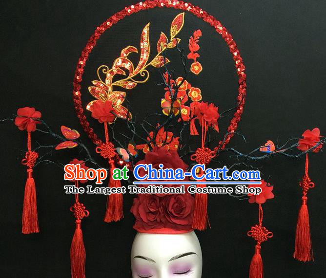 Chinese Handmade Catwalks Deluxe Headpiece Qipao Stage Show Embroidered Hair Crown Traditional Court Red Peony Sequins Top Hat