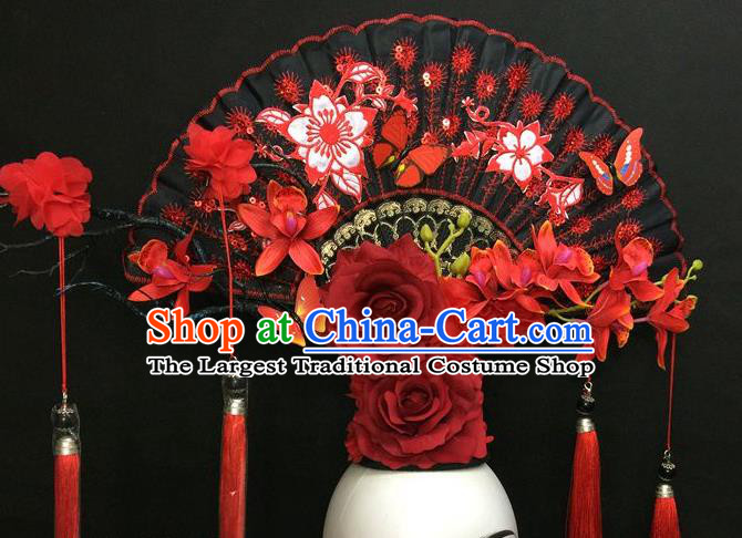 Chinese Traditional Court Black Fan Top Hat Handmade Catwalks Deluxe Headpiece Qipao Stage Show Tassel Hair Crown