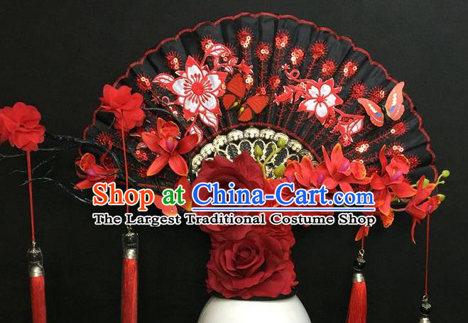 Chinese Traditional Court Black Fan Top Hat Handmade Catwalks Deluxe Headpiece Qipao Stage Show Tassel Hair Crown