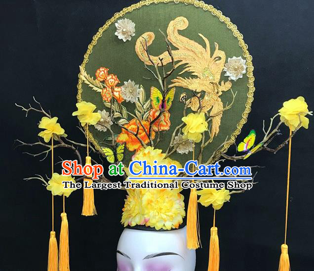 Chinese Qipao Stage Show Embroidered Phoenix Hair Crown Traditional Court Yellow Flowers Top Hat Handmade Catwalks Deluxe Headpiece