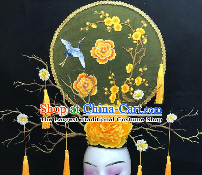 Chinese Handmade Catwalks Deluxe Headpiece Qipao Stage Show Embroidered Crane Hair Crown Traditional Court Yellow Peony Top Hat